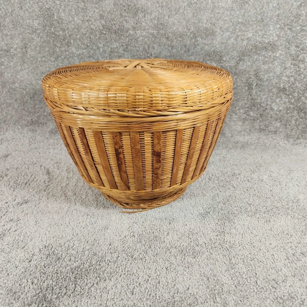 Woven Bamboo Basket Natural Tan Lidded Round Boho Storage Decor